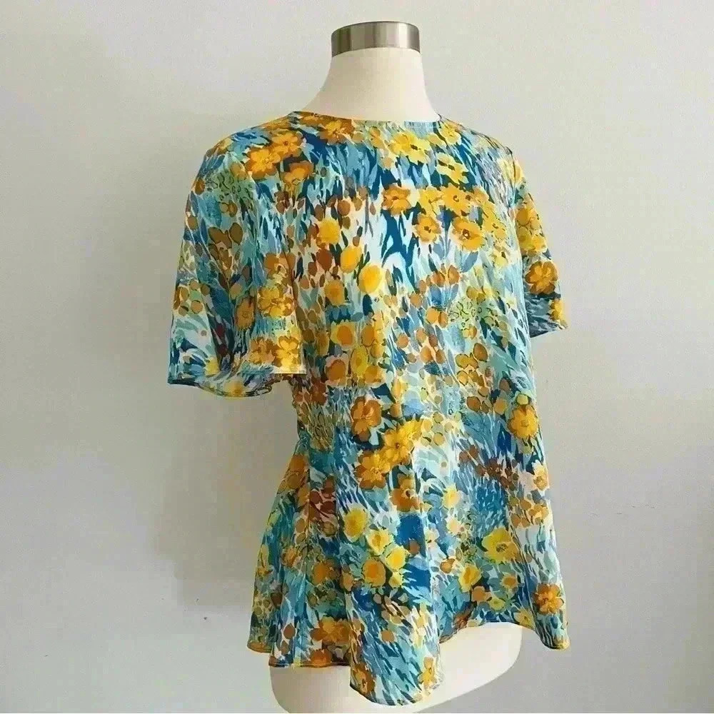 New J. McLaughlin Yellow Blue Floral Blouse Top Linen Blend